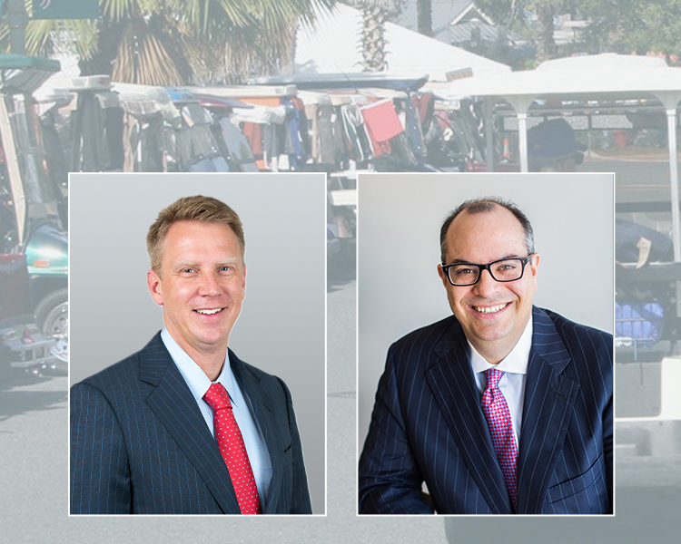 Robert G. Whittel, Esq. and Jason M. Melton, Esq. with a photograph with a white filter in the background of a street of The Villages, Florida, full of golf carts